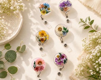 Real Flower Badge Reel Retractable Custom, Personalized Pressed Flower Badge with Name, Birthday Gift for Mom/Nurse/Doctor/Teacher/Therapist