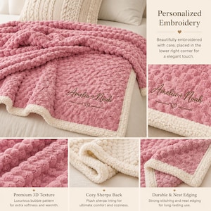 May include: A pink blanket with a textured bubble pattern and a cream-colored sherpa lining. The blanket features personalized embroidery in the lower corner with the text Amelia + Noah and a small heart symbol centered below the names.
