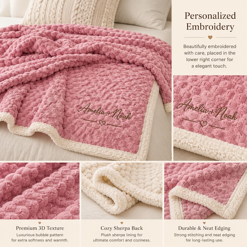 May include: A pink blanket with a textured bubble pattern and a cream-colored sherpa lining. The blanket features personalized embroidery in the lower corner with the text Amelia + Noah and a small heart symbol centered below the names.