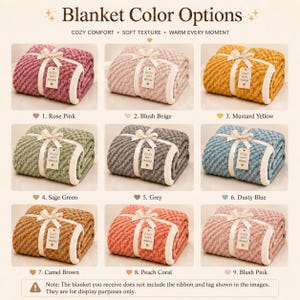 May include: A grid of nine folded blankets in various colors including rose pink, blush beige, mustard yellow, sage green, grey, dusty blue, camel brown, peach coral, and blush pink. Each blanket has a textured surface, a cream border, and a ribbon.