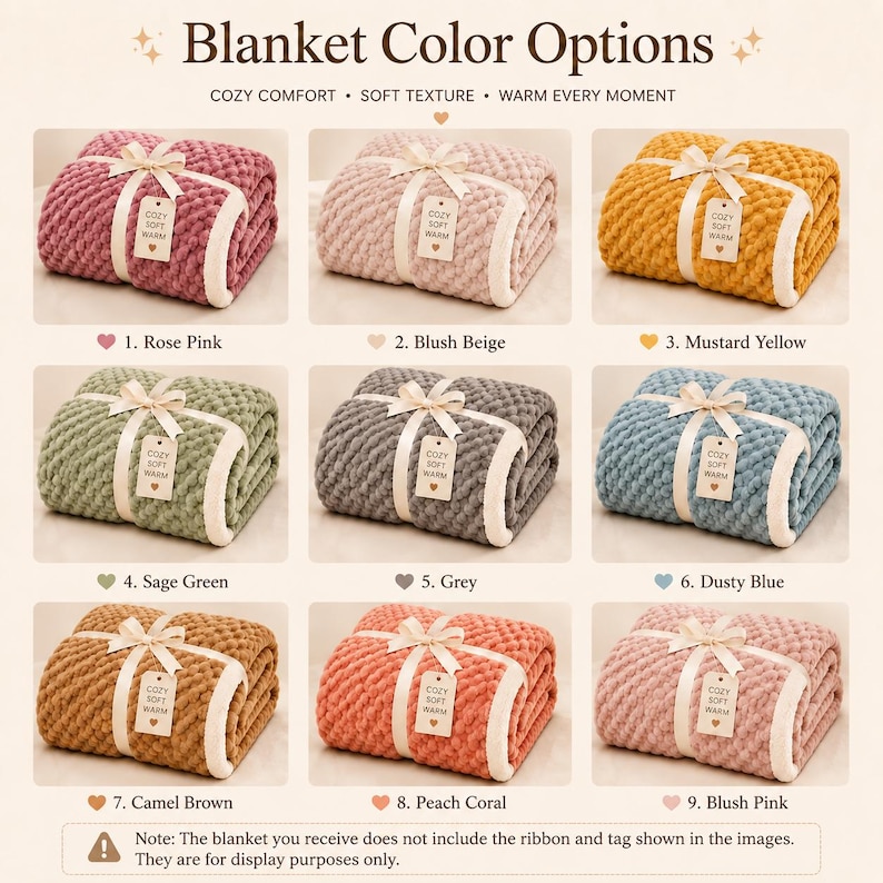 May include: A grid of nine folded blankets in various colors including rose pink, blush beige, mustard yellow, sage green, grey, dusty blue, camel brown, peach coral, and blush pink. Each blanket has a textured surface, a cream border, and a ribbon.