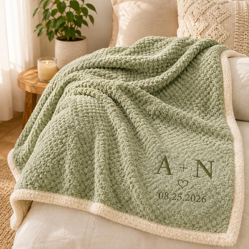 May include: A sage green textured throw blanket with a cream-colored sherpa lining. The blanket features embroidered dark green text reading A + N, a small heart symbol, and the date 08.25.2026, all positioned in the lower right corner.