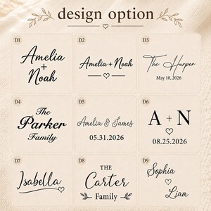 May include: A grid of nine black text design options on a light beige background labeled design option. Each square features different typography styles, names, dates, and symbols like hearts and leaves, labeled D1 through D9 for customization.