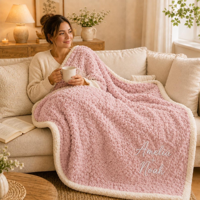 May include: A soft, textured, dusty pink throw blanket with a cream-colored border. The blanket features the embroidered white text "Amelia + Noah" in a cursive script. The fabric has a plush, popcorn-like knit surface throughout the main body.