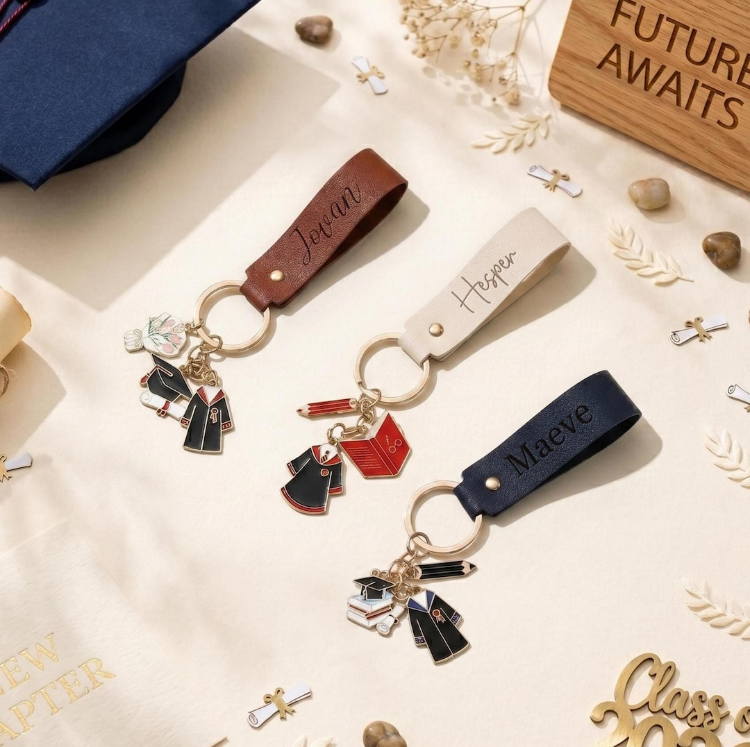 Personalized Graduation Leather Keychain, Custom Name Keyring, Class of ...
