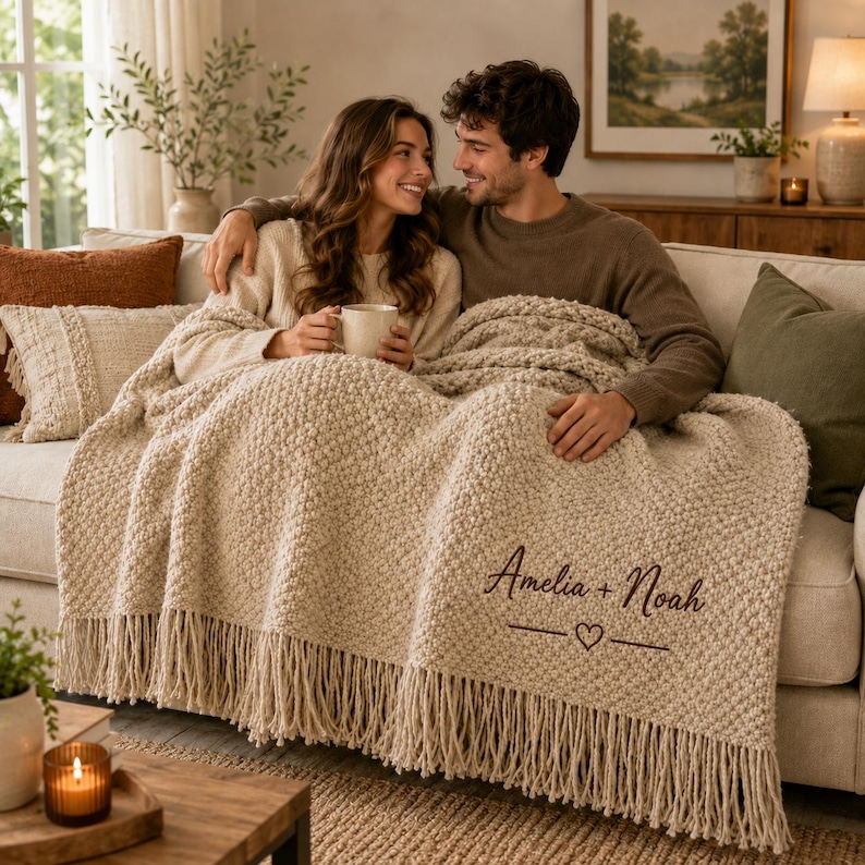 Custom Embroidered Knit Throw Blanket, Personalized Wedding Blanket, Couple Name Anniversary Gift, Cozy Fringe Blanket for Home image 8