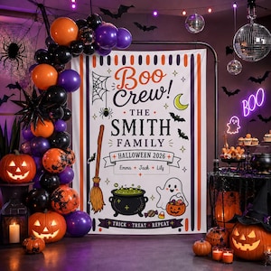 May include: A rectangular Halloween backdrop banner featuring the text Boo Crew! The Smith Family Halloween 2026 Emma Jack Lily Trick Treat Repeat. The design includes a broom, a cauldron, a ghost, and a pumpkin, surrounded by a balloon arch.
