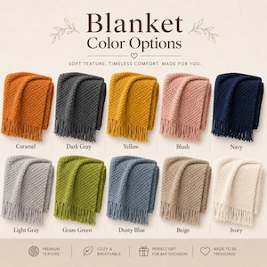 May include: A collection of ten textured knit blankets with fringe, displayed in a grid with color labels: Caramel, Dark Gray, Yellow, Blush, Navy, Light Gray, Grass Green, Dusty Blue, Beige, and Ivory. The text reads Blanket Color Options.