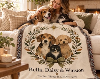 Personalized Woven Blanket, Custom Pet Blanket with Names, Dog Cat Portrait Throw, Custom Pet Gift, Pet Lover Home Decor, Woven Throw