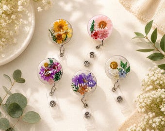 Real Flower Badge Reels Personalized, Custom Pressed Flower Badge Reel, Alligator Clip Badge Holder, Birthday Gift for Mother/Nurse/Teacher