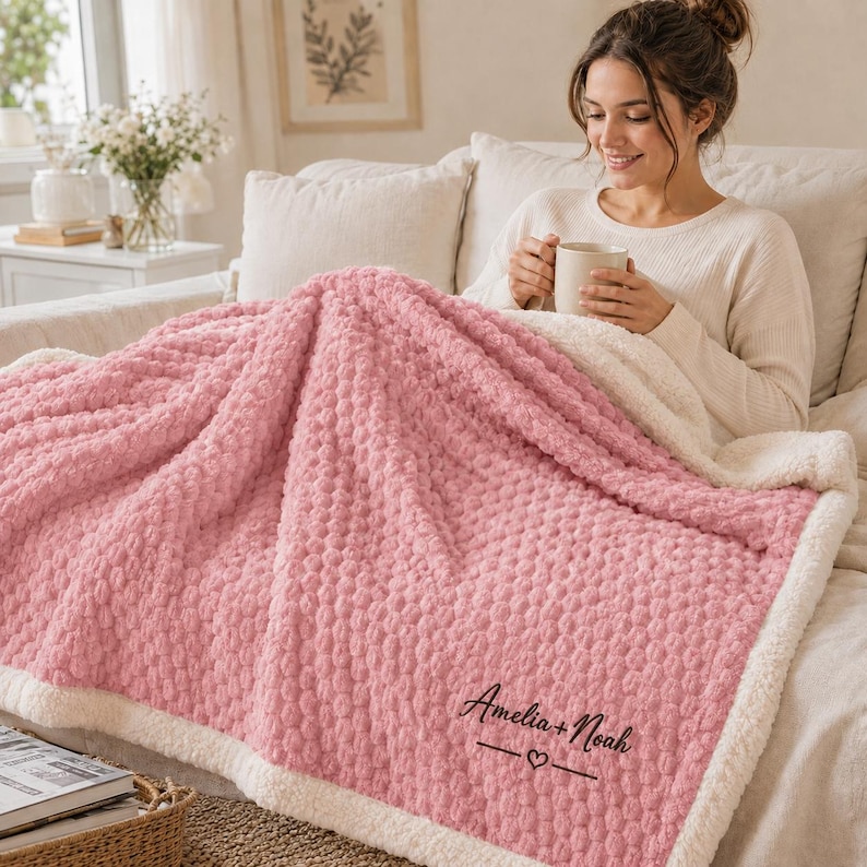 May include: A soft, textured pink blanket with a white sherpa-style lining. The blanket features the embroidered text "Amelia + Noah" above a small heart symbol and two horizontal lines, positioned in the lower right corner of the pink fabric.