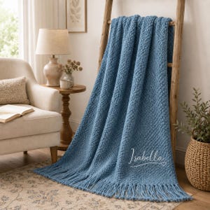 Custom Embroidered Knit Throw Blanket, Personalized Wedding Blanket, Couple Name Anniversary Gift, Cozy Fringe Blanket for Home image 11