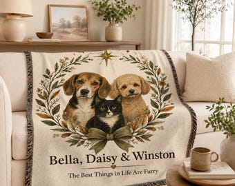 Custom Pet Portrait Blanket, Personalized Dog Cat Woven Throw with Names, Custom Pet Photo Blanket, Dog Mom Gift, Cat Mom Gift, Pet Decor