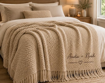 Personalized Anniversary Blanket, Embroidered Couple Names Throw, Wedding Date Keepsake, Custom Knitted Fringe Blanket Gift