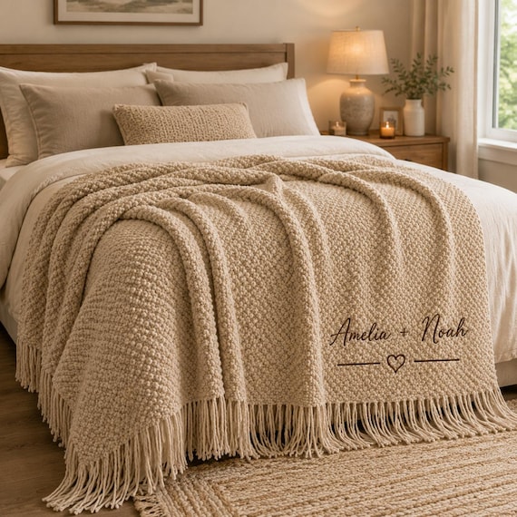 Personalized Anniversary Blanket, Embroidered Couple Names Throw, Wedding Date Keepsake, Custom Knitted Fringe Blanket Gift