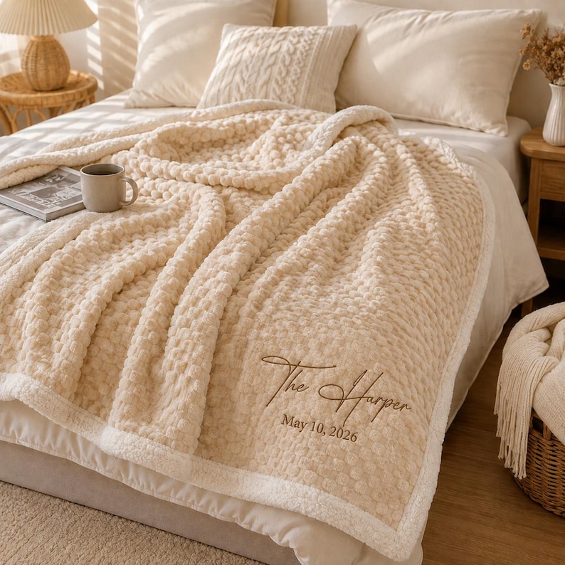 May include: A cream-colored textured throw blanket with a soft, bumpy surface and a white border. The blanket features dark brown embroidered text that reads The Harper and the date May 10, 2026, positioned in the lower right corner of the fabric.