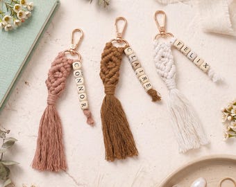 Personalized Macrame Keychain with Name Beads, Custom Boho Tassel Bag Charm, Handmade Knotted Keyring, Kids Bag Tag, Back to Scool Gift