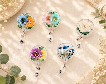 Custom Flower Badge Reel with Name, Spring Floral Badge Clip Retractable Badge Holder, Personalized Gift for Mom/Dad/Friend/Nurse/Teacher