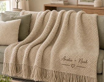 Custom Embroidered Knit Throw Blanket, Personalized Wedding Blanket, Couple Name Anniversary Gift, Cozy Fringe Blanket for Home