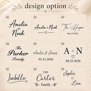 May include: A grid of nine distinct black text design options labeled D1 through D9 on a light beige background. Each square features different typography styles, names, dates, and decorative elements like hearts and leaves under the heading design option.