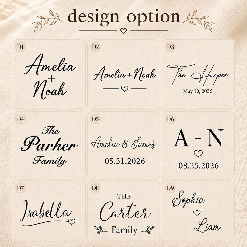 May include: A grid of nine distinct black text design options labeled D1 through D9 on a light beige background. Each square features different typography styles, names, dates, and decorative elements like hearts and leaves under the heading design option.