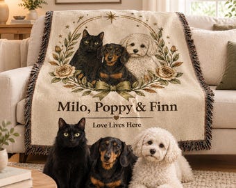 Custom Pet Blanket, Dog and Cat Family Throw, Personalized Pet Names, Vintage Botanical Pet Portrait Blanket, Pet Lover Gift