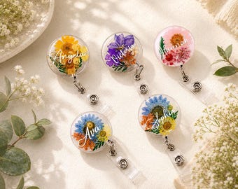 生花バッジリール、カスタム花柄バッジリール（ワニ口クリップ付き）、パーソナライズバッジホルダー、友人/母親/看護師/教師への誕生日プレゼント