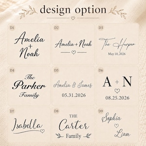 May include: A grid of nine distinct black text design options on a light beige background, labeled D1 through D9. Each square features personalized names, dates, and decorative elements like hearts and leaves, showcasing various typography styles.