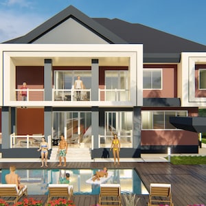 4 Bedroom House Plan Option 3, Dark Grey and Burnt Sienna, 3500 Sqft Modern Floor Plan, Instant Download,  House Plans for Sale, Buy Now.