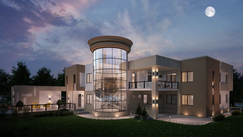Op de afbeelding: Een modern, twee verdiepingen tellend huis met een grote ronde glazen toren. Het huis heeft een beige buitenkant met grote ramen en een balkon. De toren heeft een wenteltrap binnenin.