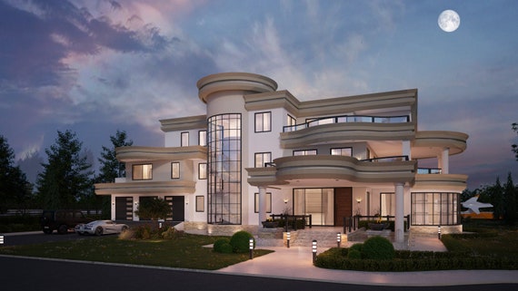 This luxurious 5 bedroom house plan boasts a modern white and tan color scheme, with contemporary design elements throughout. With over 6000sqft of living space, this instant download option on Etsy is the perfect choice for those looking to build their dream luxury home. Purchase now and start planning your future in this stunning estate.