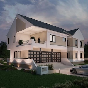 May include: A modern two-story house with a white exterior and a gray roof. The house has a large garage door and a balcony on the second floor. The house is surrounded by a lush green lawn and trees.