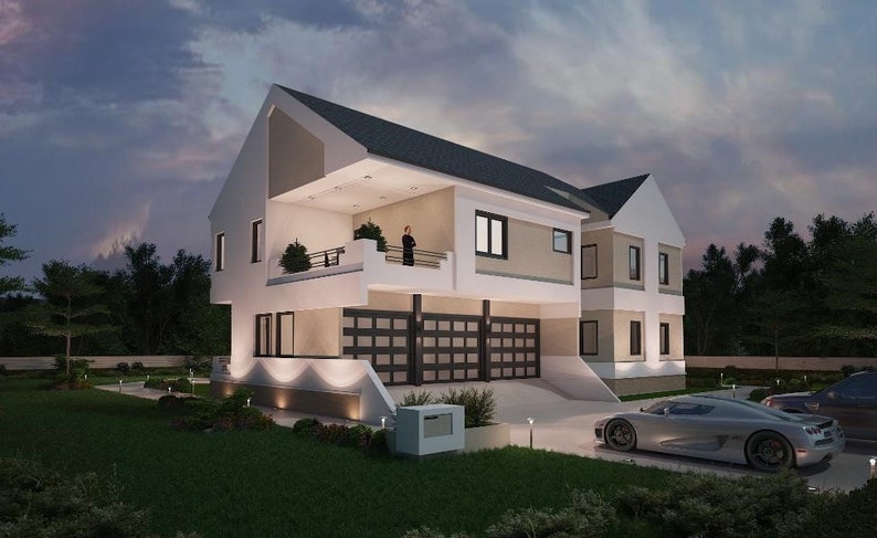 May include: A modern two-story house with a white exterior and a gray roof. The house has a large garage door and a balcony on the second floor. The house is surrounded by a lush green lawn and trees.
