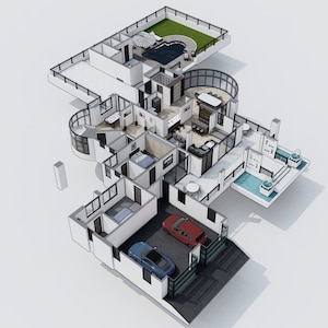Op de afbeelding: Een 3D-weergave van een modern huis met een zwembad, een garage en een balkon. Het huis heeft een witte buitenkant met zwarte ramen en bekleding. De garage heeft twee auto's geparkeerd. Het balkon heeft een kleine tafel en stoelen.