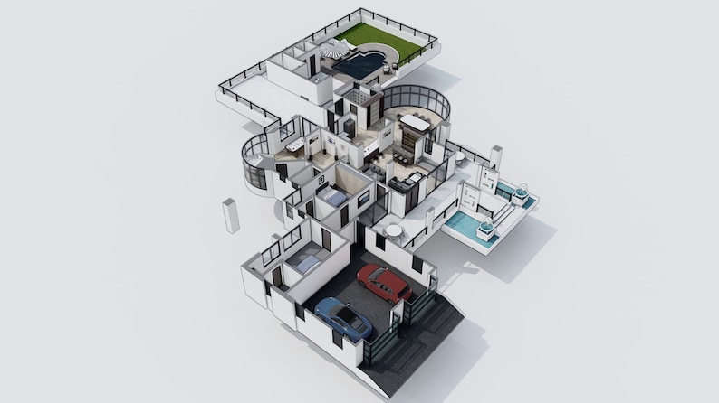 Op de afbeelding: Een 3D-weergave van een modern huis met een zwembad, een garage en een balkon. Het huis heeft een witte buitenkant met zwarte ramen en bekleding. De garage heeft twee auto's geparkeerd. Het balkon heeft een kleine tafel en stoelen.