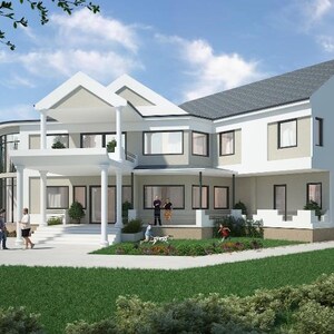 May include: A white two-story house with a gray roof and large windows. The house has a white porch with columns and a white railing. There is a green lawn in front of the house and trees in the background.