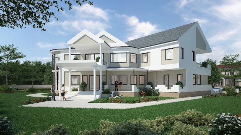 May include: A white two-story house with a gray roof and large windows. The house has a white porch with columns and a white railing. There is a green lawn in front of the house and trees in the background.