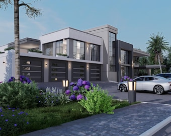 May include: A modern, white and gray house with large windows and a three-car garage. The house is surrounded by lush green landscaping and palm trees.