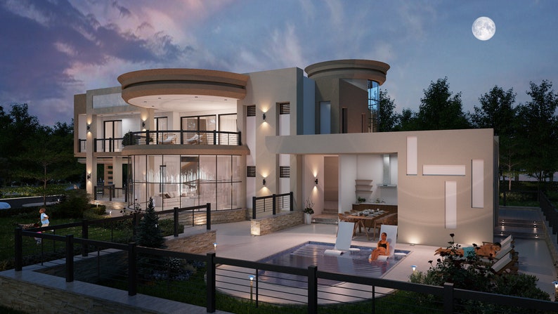 Op de afbeelding: Een modern, twee verdiepingen tellend huis met een zwembad en een terras. Het huis heeft een groot glazen raam en een balkon op de tweede verdieping. Het terras heeft een tafel en stoelen, en een ligstoel in het zwembad.
