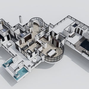 Op de afbeelding: Een bovenaanzicht van een plattegrond van een modern huis met een zwembad en een terras op het dak. Het huis heeft een garage, meerdere slaapkamers, een keuken en een eetkamer. Het huis is ontworpen met een gebogen vorm en grote ramen.