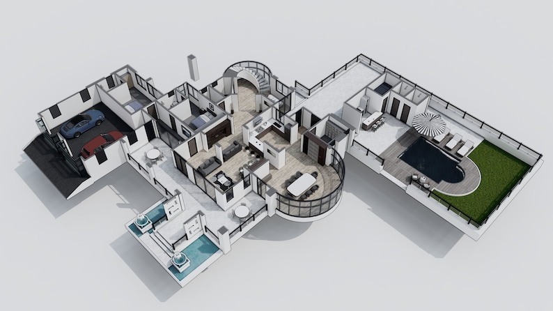 Op de afbeelding: Een bovenaanzicht van een plattegrond van een modern huis met een zwembad en een terras op het dak. Het huis heeft een garage, meerdere slaapkamers, een keuken en een eetkamer. Het huis is ontworpen met een gebogen vorm en grote ramen.