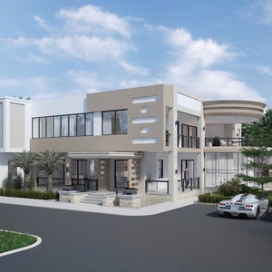 Op de afbeelding: Een modern huis met twee verdiepingen met een beige en witte buitenkant. Het huis heeft grote ramen, een balkon en een oprit met twee luxe auto's ervoor geparkeerd.