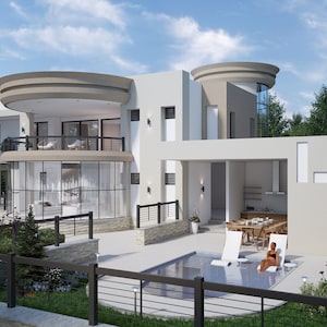 Op de afbeelding: Een modern, twee verdiepingen tellend huis met een zwembad en een terras. Het huis heeft een groot glazen raam aan de voorkant en een balkon op de tweede verdieping. Het terras heeft een tafel en stoelen, en er zitten mensen op ligstoelen bij het zwembad.
