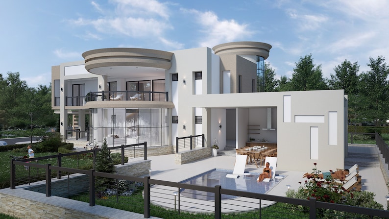 Op de afbeelding: Een modern, twee verdiepingen tellend huis met een zwembad en een terras. Het huis heeft een groot glazen raam aan de voorkant en een balkon op de tweede verdieping. Het terras heeft een tafel en stoelen, en er zitten mensen op ligstoelen bij het zwembad.