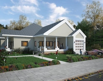May include: A single-storey house with a light grey exterior and a grey roof. The house has a large front porch with a white railing and a garage door on the right side. There is a red sports car parked on the driveway and a green lawn with a pavement in front of the house.