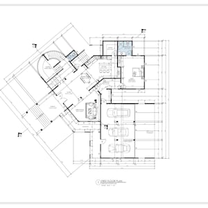May include: A black and white architectural blueprint of a first floor plan for a house with a garage. The blueprint shows the layout of the rooms, including a kitchen, living room, and bedrooms. The garage is located on the right side of the blueprint. The blueprint is labeled "FIRST FLOOR PLAN" and "A1.0".