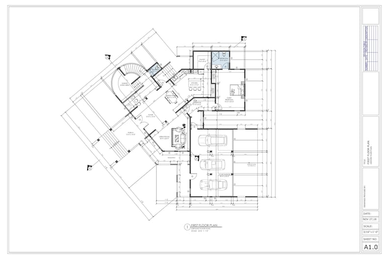 May include: A black and white architectural blueprint of a first floor plan for a house with a garage. The blueprint shows the layout of the rooms, including a kitchen, living room, and bedrooms. The garage is located on the right side of the blueprint. The blueprint is labeled "FIRST FLOOR PLAN" and "A1.0".