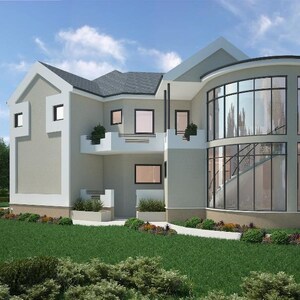 May include: A modern, two-story house with a large, curved window on the right side. The house is painted in a light beige color and has a gray roof. The house is surrounded by green grass and trees.