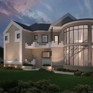 May include: A modern two-story house with a large window on the right side. The house is painted in a light beige color and has a black roof. The house is surrounded by a lush green lawn and trees.