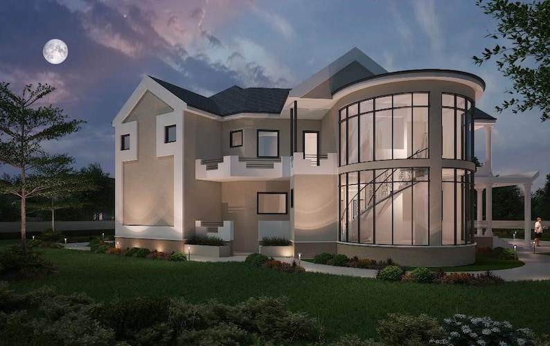 May include: A modern two-story house with a large window on the right side. The house is painted in a light beige color and has a black roof. The house is surrounded by a lush green lawn and trees.